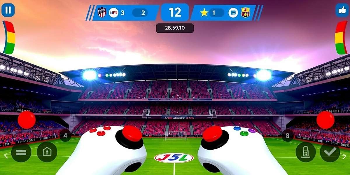 Delhi Dynamos FC Gameplay Delhi Dynamos FC gameplay showing control interface with virtual joysticks and action buttons during a match at Jawaharlal Nehru Stadium